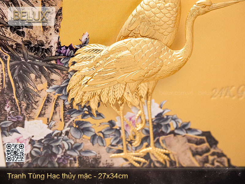 Tranh tùng hạc thủy mặc dát vàng kt 34x27cm&nbsp;